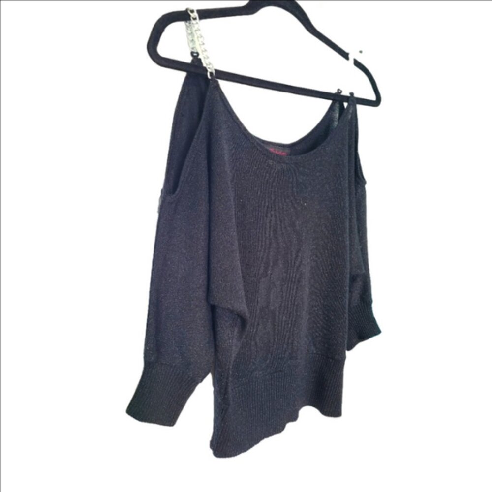Festive Holiday Party Black Glitter Knit Cold Shoulder Silver Chain Strap Top